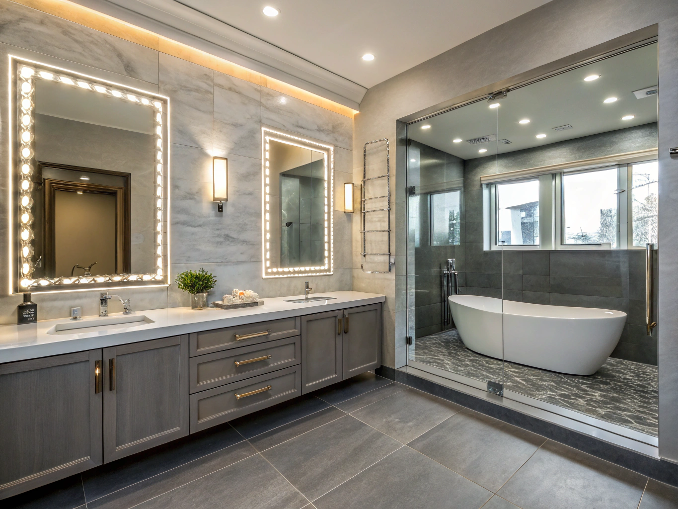Finished luxury spa bathroom with freestanding tub and walk-in shower