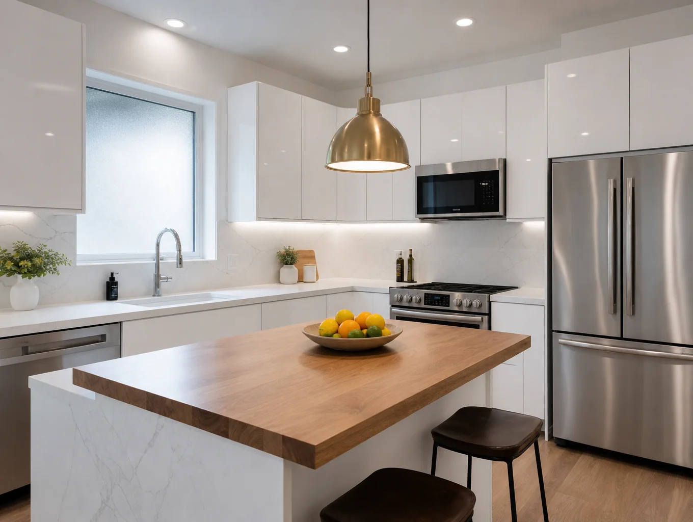 Finished bright transitional kitchen with marble backsplash