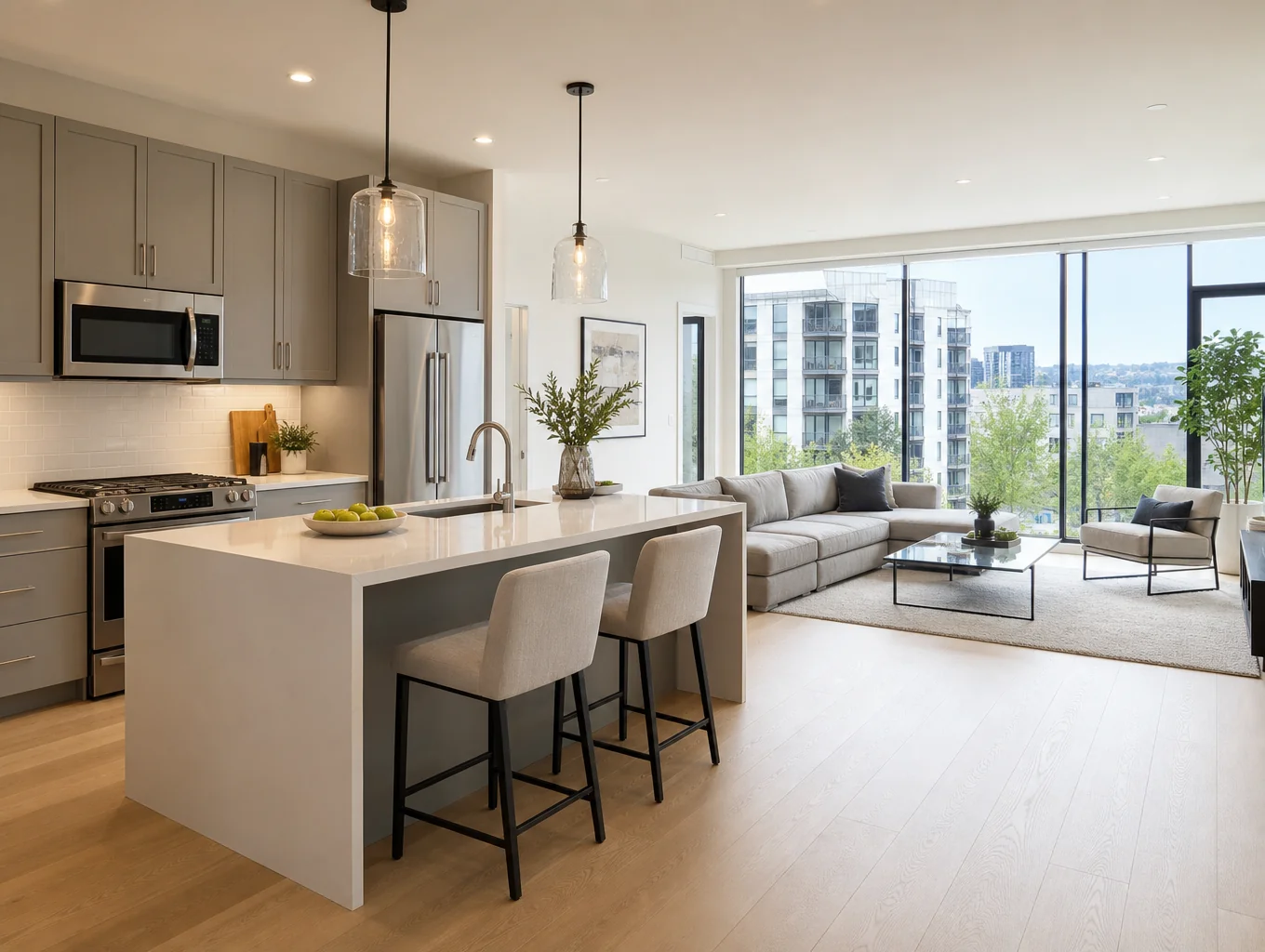 Completed bright open concept kitchen with custom oak island