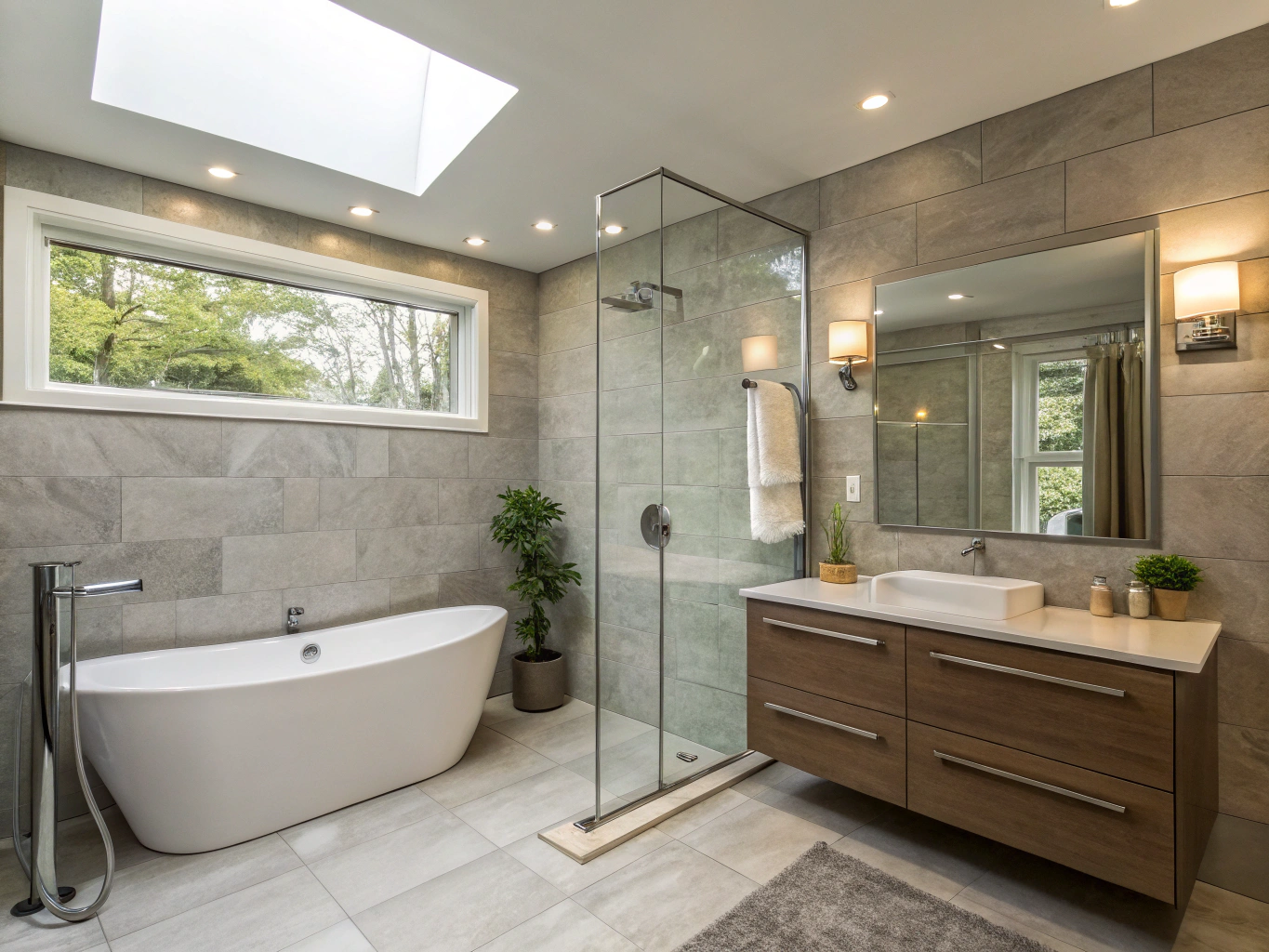Luxury master bathroom with curbless glass shower and freestanding soaking tub