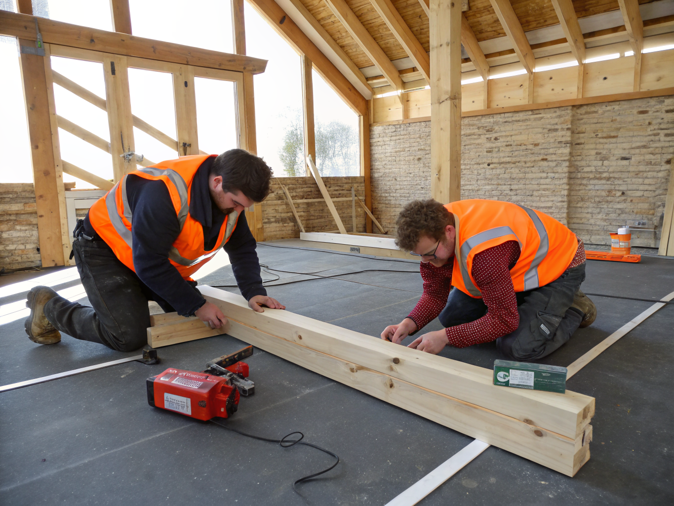 Master carpenter leveling structural framing in a residential renovation
