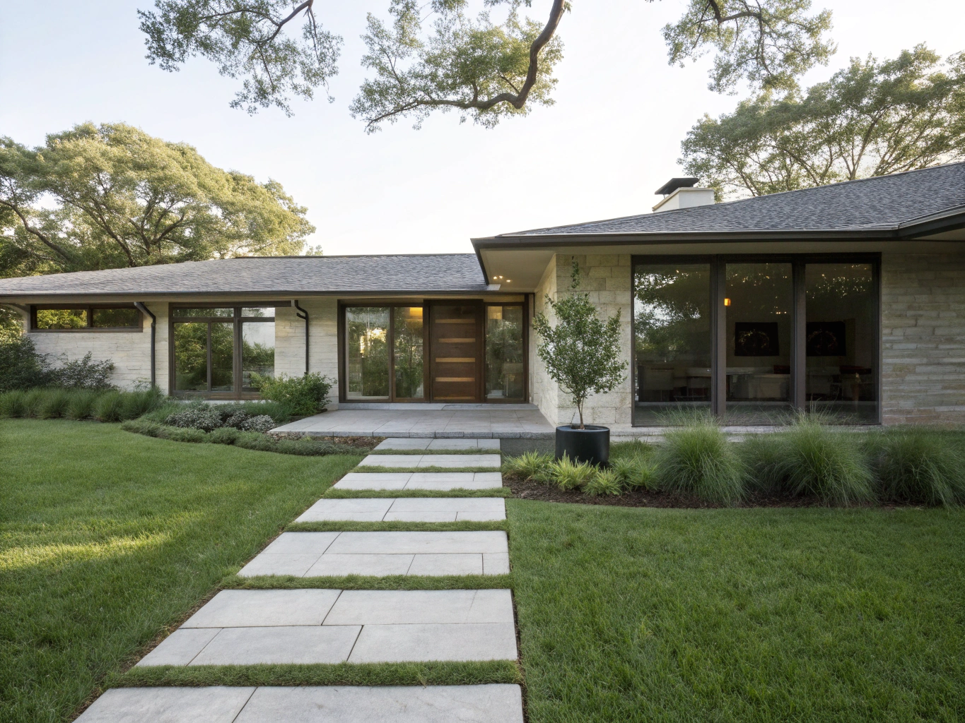 Stunning modern ranch exterior with black architectural windows