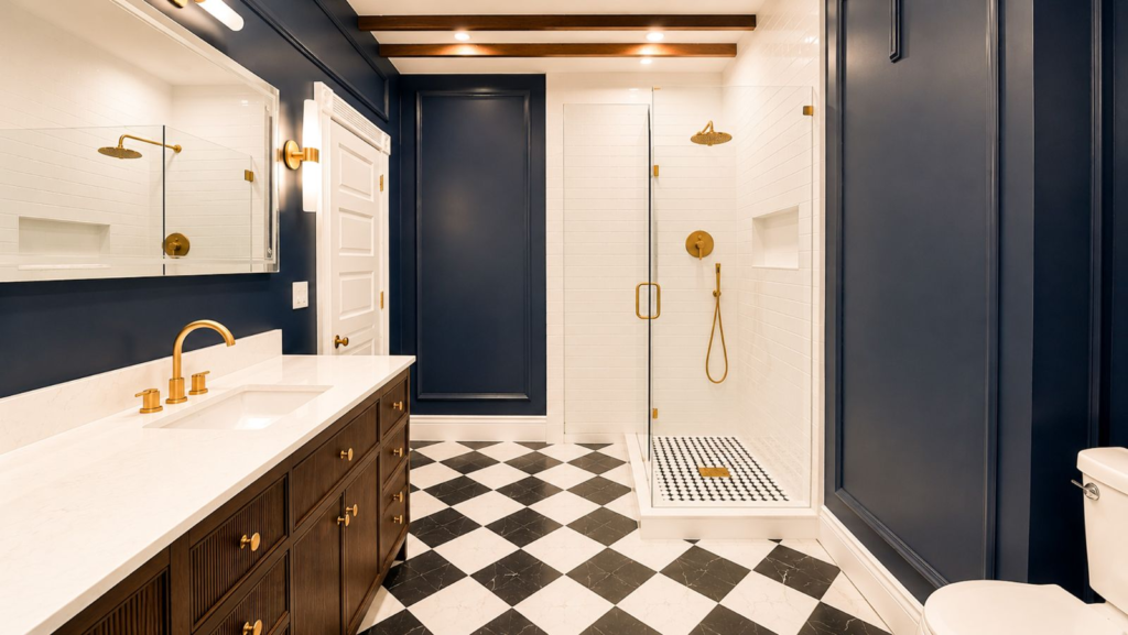 Finished primary bathroom in Redlands with checkerboard tile floor and walk-in shower