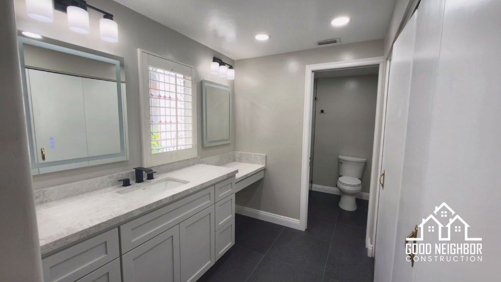 Finished bathroom remodel in Riverside with white vanity