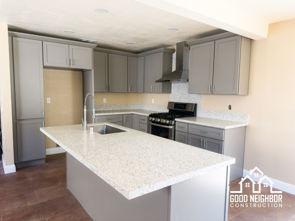 Finished ADU kitchen with island in Riverside